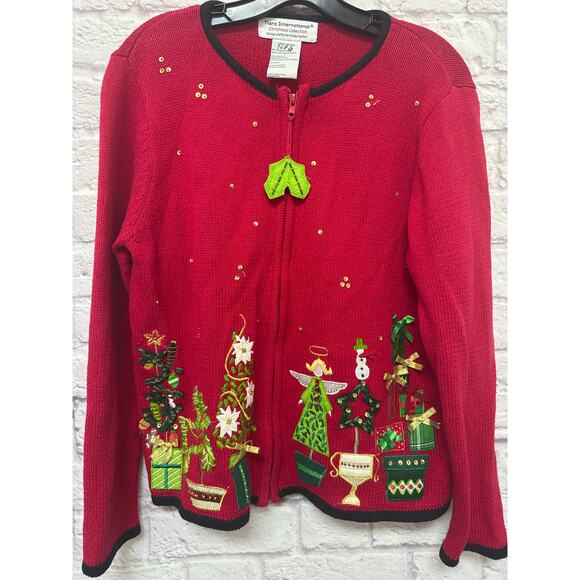Tiara International Red Embroidered Christmas Holiday Zip Up Cardigan Sweater LG - Picture 1 of 4